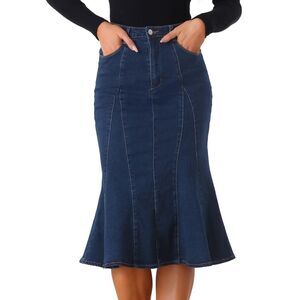 Fishtail Ruffle Bodycon High Waist Jean Denim Skirt Deep Blue